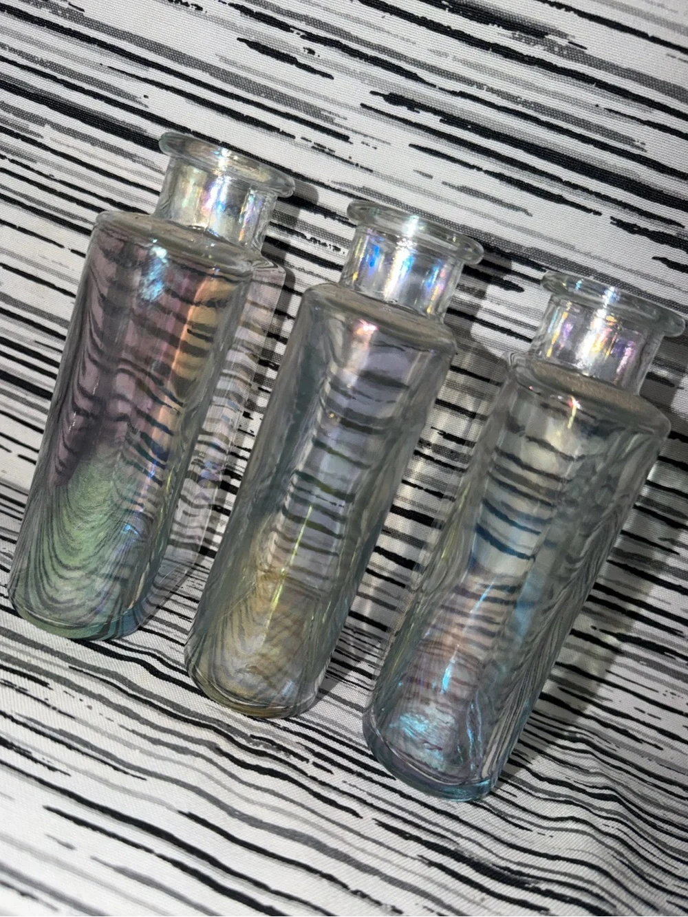 Set of 3 Clear Vases / Bottles With Carnival Glass Like Glaze.